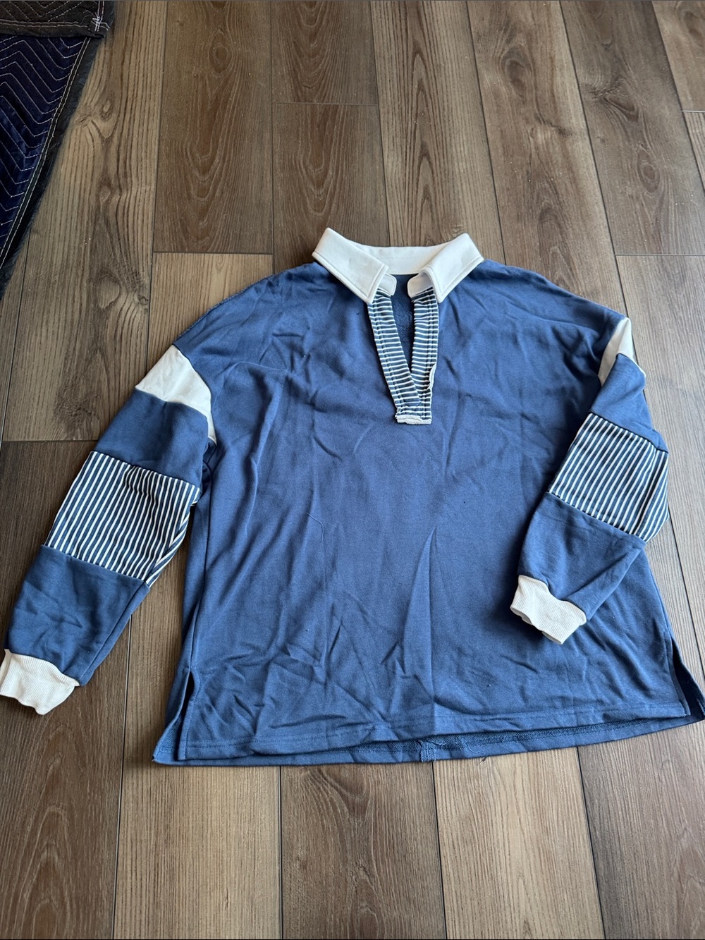 *Blue Nautical-Style Long Sleeve Polo Sweatshirt with Striped Accents